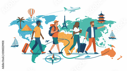 A group of travelers with luggage standing on a world map