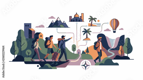 A group of travelers with luggage and backpacks walking on a winding road surrounded by trees, mountains, and landmarks