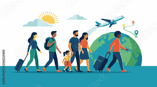 A group of travelers walking with luggage and a plane flying