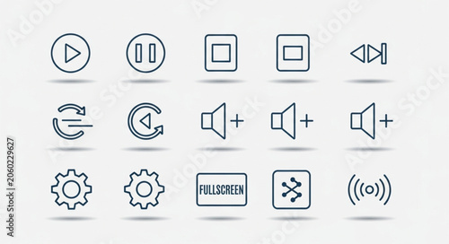 Collection of modern outline icons for media player controls and settings.
