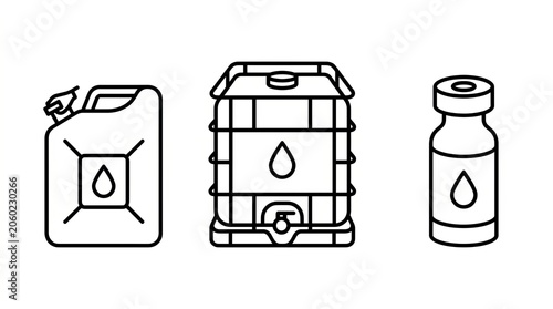 Collection of containers for liquid storage and transport, symbolizing fuel or chemicals.