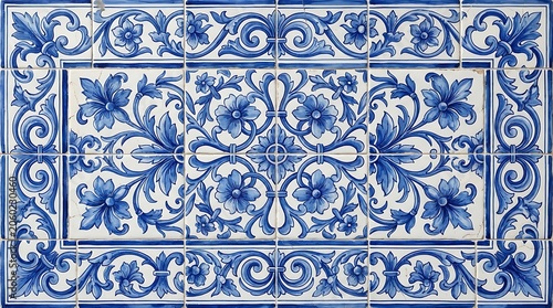 Blue and white floral ceramic tile pattern