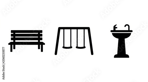 Simple playground icons: bench, swings, and drinking fountain on white background