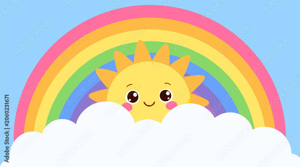 Naklejka premium Delightful flat vector illustration of a smiling friendly sun with a vibrant rainbow peaking over a soft white cloud. Cheerful weather icon design ideal for children's graphics and positivity.