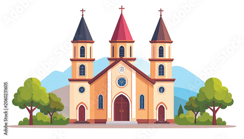 Colorful illustration of a church building.