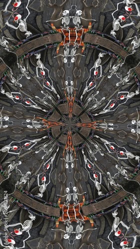 Seamless vertical video of mandala of a skeleton dancing. Psychedelic trippy halloween background.