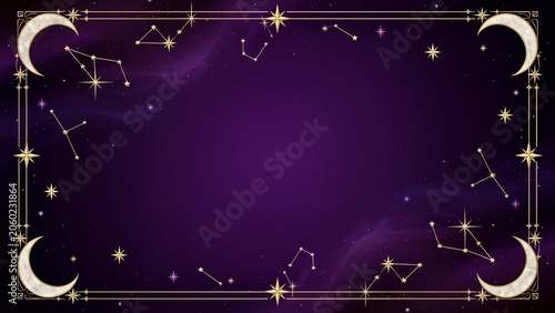 Purple celestial frame with gold constellations and crescent moons