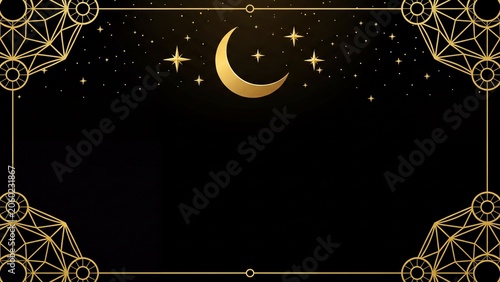 Gold crescent moon and stars with geometric frame on black background