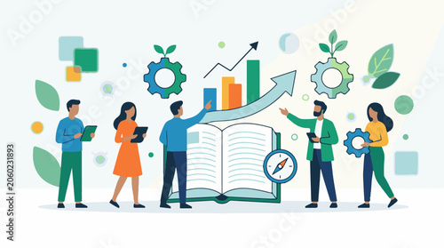 A group of people working together around an open book with a growing plant and gears