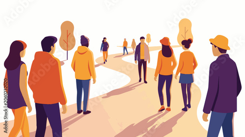 A group of people walking on a winding path through a park