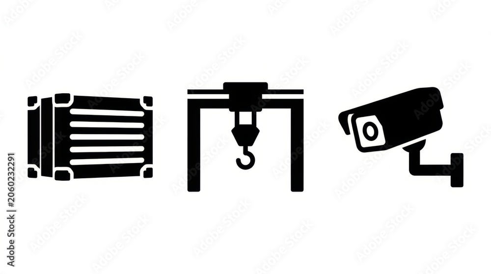 Fototapeta premium Industrial icons representing shipping container, crane, and security camera for logistics and surveillance.