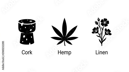 Natural materials: cork, hemp leaf, and flax flowers representing sustainable resources.