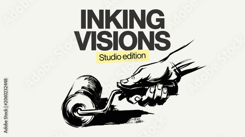 Inking visions studio edition. Hand holding ink roller for printmaking. Art studio graphic design for t shirt print poster sticker background.