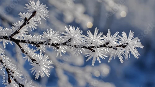 Delicate frost crystals adorning a winter tree branch in a sharp macro focus against a soft, blurred background