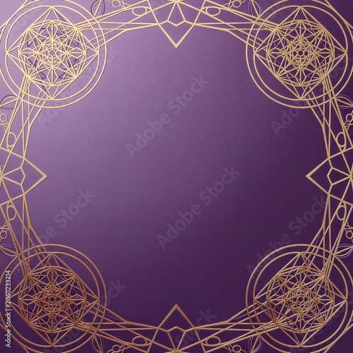Intricate gold sacred geometry border on a deep purple background