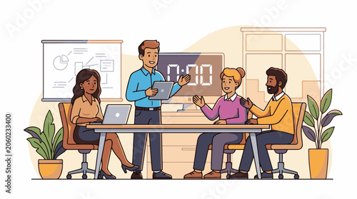A group of four diverse colleagues are gathered around a table in a modern office