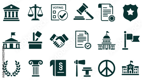 Foto Law and government icons featuring scales of justice, gavel, voting ballot, and court buildings in green style for legal services, judicial systems, and civic administration