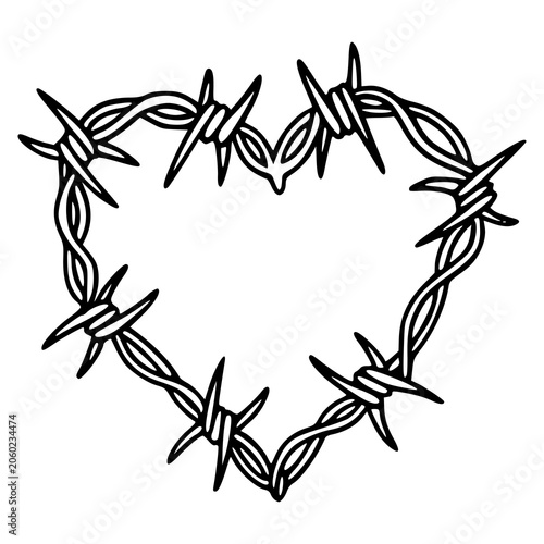punk style barbed wire heart outline isolated on white background