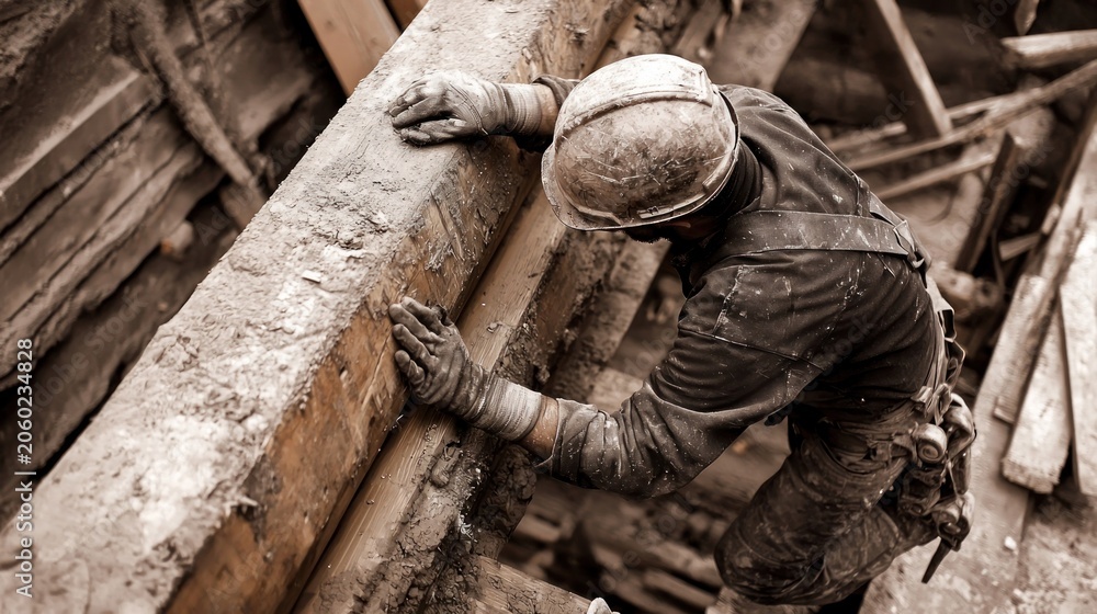 Fototapeta premium Construction worker in hard hat and gloves working on wooden beams.