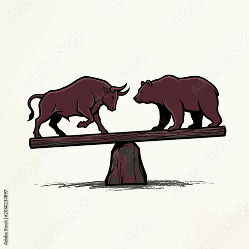Foto Maroon Bull And Bear Perched On A Wooden Seesaw Over A Rock Fulcrum, Hand‑Drawn