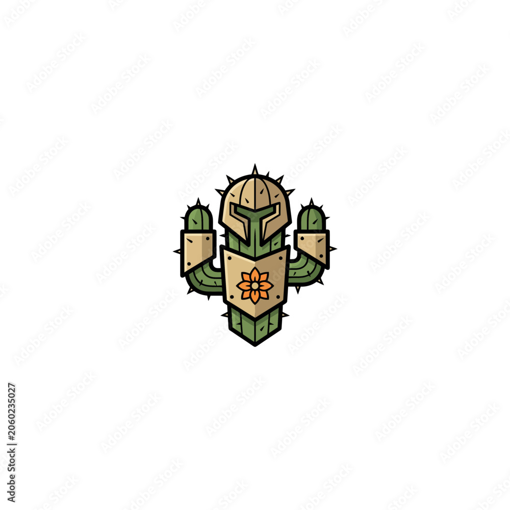 Fototapeta premium Cactus Armor Badge Showing A Green Spiky Cactus Wearing A Medieval Knight Helmet And Shield, Adorned With An Orange Flower Emblem And Protective Shoulder Plates For A Vector Illustration