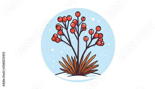 Brown plant with red berries growing.