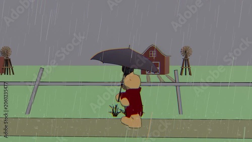 1980's Teddy Bear with an Umbrella, Vintage Aesthetic, Farm Scene