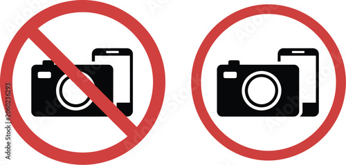 Fotografía No photography allowed and photo allowed sign set with camera and smartphone icons inside red restriction circle warning symbols