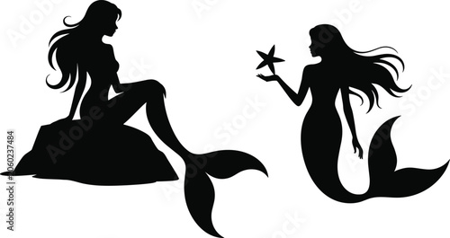 Fotografie Beautiful black silhouette collection of mythical mermaids featuring one sitting