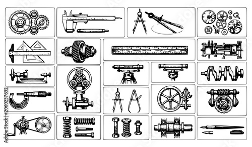 Billede på lærred Vintage Engineering Sketch Elements Hand Drawn Technical Vector Set