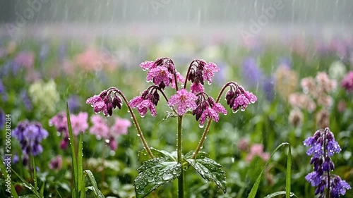 Delicate Pink Flowers in Gentle Rain Shower on a Colorful Meadow