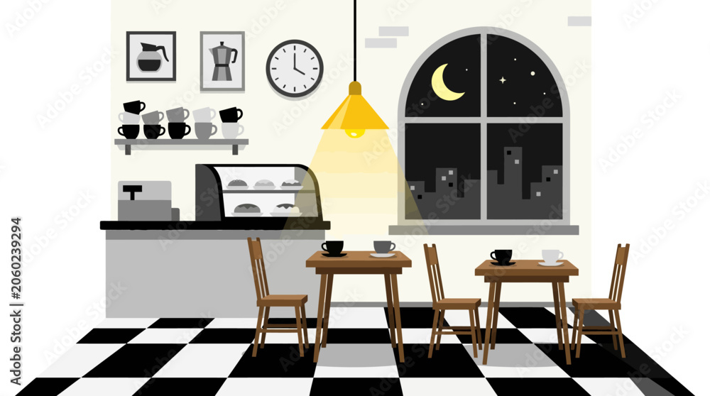 Fototapeta premium Cozy cafe interior at night with city view, checkered floor, warm lighting.