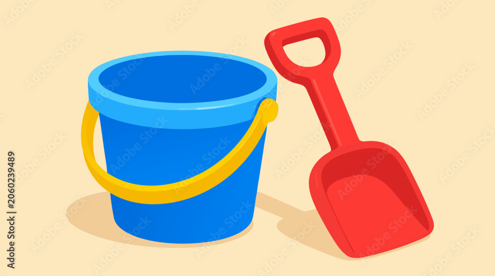 Fototapeta premium Vibrant yellow plastic beach bucket and a blue digging shovel toy set for summer vacation fun on sandy shores, flat vector illustration isolated on a white background for seasonal travel designs.