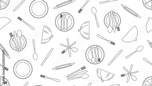 Seamless vector pattern featuring outline-style tableware and cutlery elements on a transparent background for kitchen, restaurant branding, food packaging, wallpapers, and serving concepts.