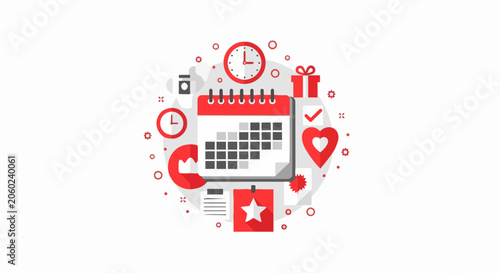 Flat Vector Illustration of Calendar for Time Management, Planning, and Event Scheduling with Business and Productivity Icons