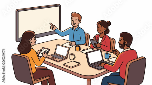 A group of people in a meeting with laptops