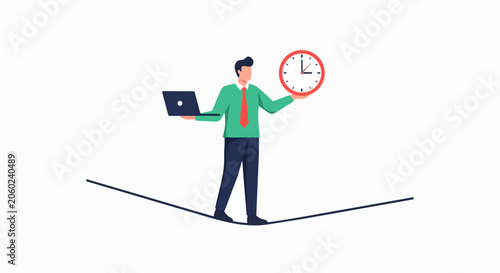 Businessman Balancing Time and Work on a Tightrope Vector Illustration. Concept of Time Management, Work-Life Balance, and Professional Stress.