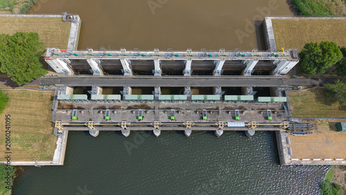 Картината върху платно Aerial view of the Tail Sluice flood defense gate and river barrier on the River