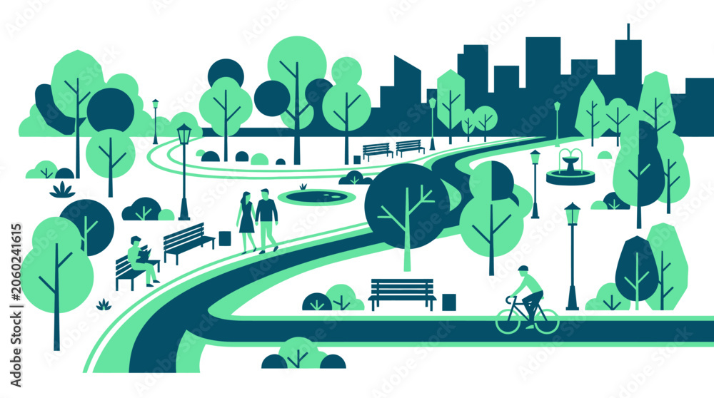 Fototapeta premium Modern Urban Park Scene with People Walking and Cycling on Paths Featuring Green Trees and Cityscape Background in Flat Vector Style
