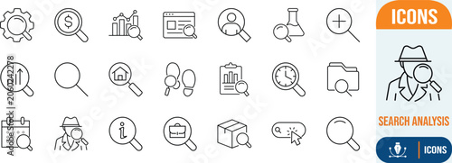 Search analysis discovery outline icons. chart icon set, user icon set, dollar icon set