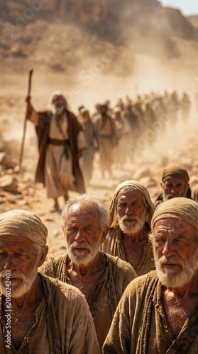 Ancient trek people: Moses lead Israelite, wilderness journey, Biblical faith, Divine theology, sacred destiny, desert migration, arduous passage, enduring spirit.