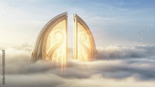 Majestic golden doors opening above the clouds. Symbolizing new beginnings, opportunities, and the journey to enlightenment