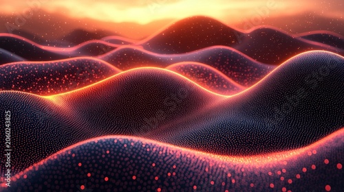 Abstract waves of glowing particles at sunset