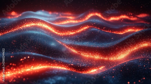 Abstract waves with glowing orange particles
