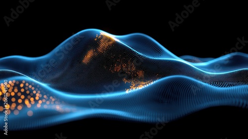 Abstract wavy surface with blue glow and gold sparks