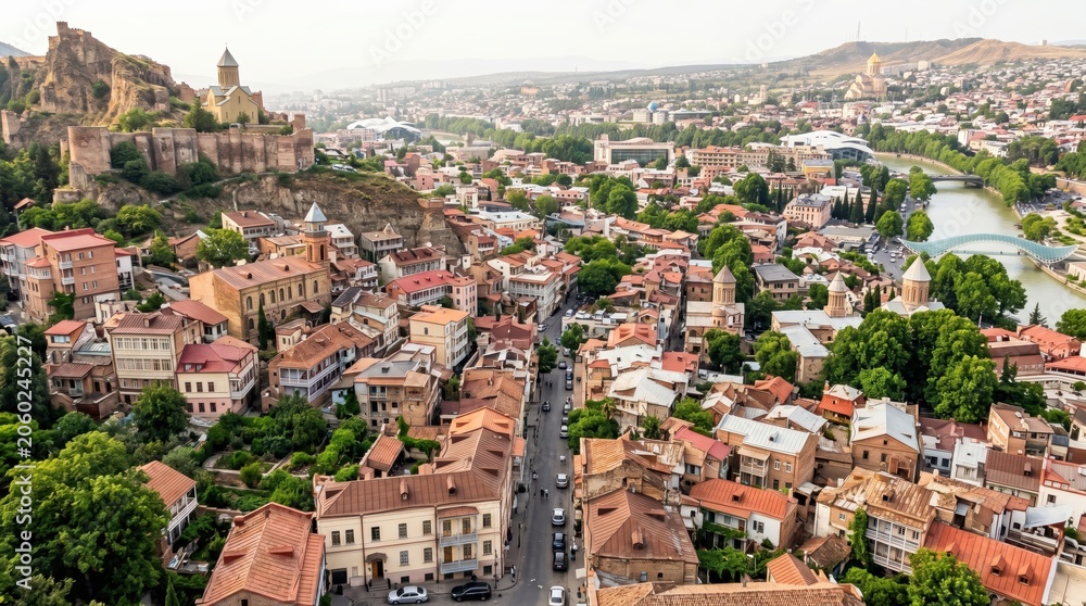 Fototapeta premium Aerial view of tbilisi, georgia, with narikala fortress and the kura river