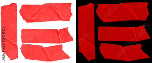 Fotografie Red masking tape set with torn edges, wrinkled adhesive paper strips on white an
