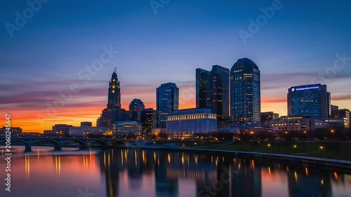 Columbus Ohio skyline at sunset with city reflections on Scioto River