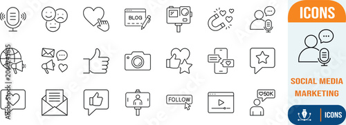 Social media marketing engagement icons. microphone icon set, camera icon set, thumbs up icon set
