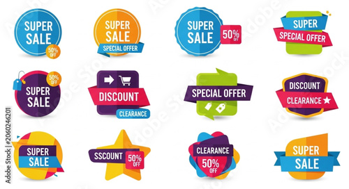 Collection of Super Sale Discount and Special Offer Badges.